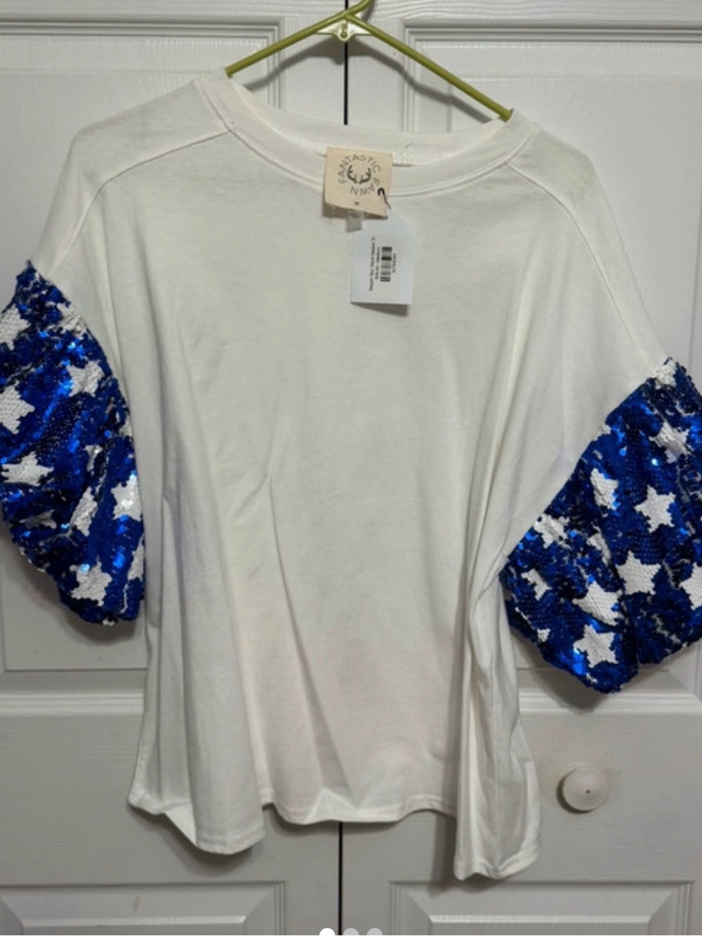 Fantastic Fawn White Tee with Blue Star Sequin Puff Sleeves